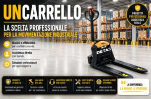 Promotional banner in a warehouse showing an orange-and-black pallet jack with bold Italian text about professional industrial movement solutions.