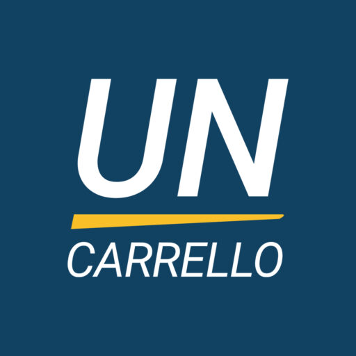 Logo UNCARRELLO bianco su sfondo blu con UN e CARRELLO divisi da una forca gialla