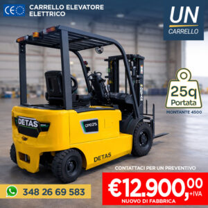 Yellow DETAS forklift in a warehouse storefront, with price €12,900 + IVA and contact 348 26 69 583; UN CARRELLO branding visible.