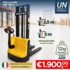 Yellow electric pallet stacker in a warehouse, with lift options at 2.5 m and 3 m (Detas brand) and a price tag of €1,900 + IVA in red.
