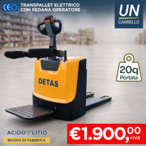 Transpallet DETAS a basso sollevamento con pedana e portata 20q