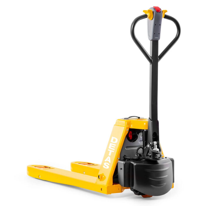 Yellow manual pallet jack with long forks and black U-shaped handle used to lift and move pallets in warehouses.