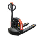 Powered pallet jack with a vertical control handle and red accents for lifting and moving pallets.