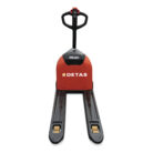 Manual pallet jack with orange body and black handle, long forks for moving pallets (Detas brand).