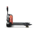 Motorized walk-behind pallet stacker with red housing and black forks, brand DETAS, side view.