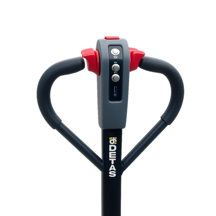 Close-up of a smart bike lock with a gray control unit, red accents, and two black curved arms forming a U around a vertical stem.