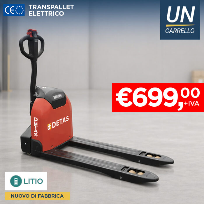 transpallet-elettrico-detas-03-cover Red electric pallet truck on a warehouse floor with a bright red price badge (€699 + VAT) and logos (CE, UN Carrello, LITIO) visible.