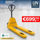 Yellow pallet jack for moving pallets, shown in a warehouse with a bold red price badge reading €699 + IVA and branding logos.