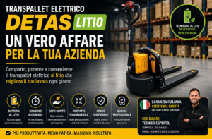 Promotional banner for a lithium-powered electric pallet truck in a warehouse; bold yellow text and a man with folded arms at bottom right.