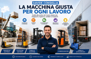 Promotional banner for Davide Consiglia: 'La macchina giusta per ogni lavoro' with forklifts and warehouse icons, centered on a smiling man in a blue jacket.