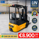 Forklift truck in a warehouse with price €8,900 + IVA and contact number for a quote; Italian ad layout with logos.