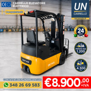Forklift truck in a warehouse with price €8,900 + IVA and contact number for a quote; Italian ad layout with logos.