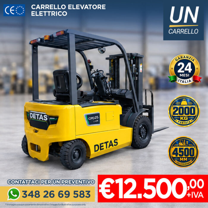 carrello-elevatore-elettrico-20q-detas-covern Yellow DETAS forklift on an industrial floor with price €12,500 + IVA and contact number for a quote (348 26 69 583).