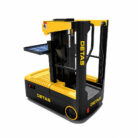 Powered pallet stacker in black and yellow with wheels and lifting arms, branded DETAS.