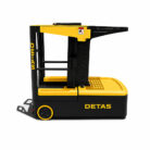 Electric pallet stacker in black and yellow with 'DETAS' branding, shown from the side in a warehouse-ready design.