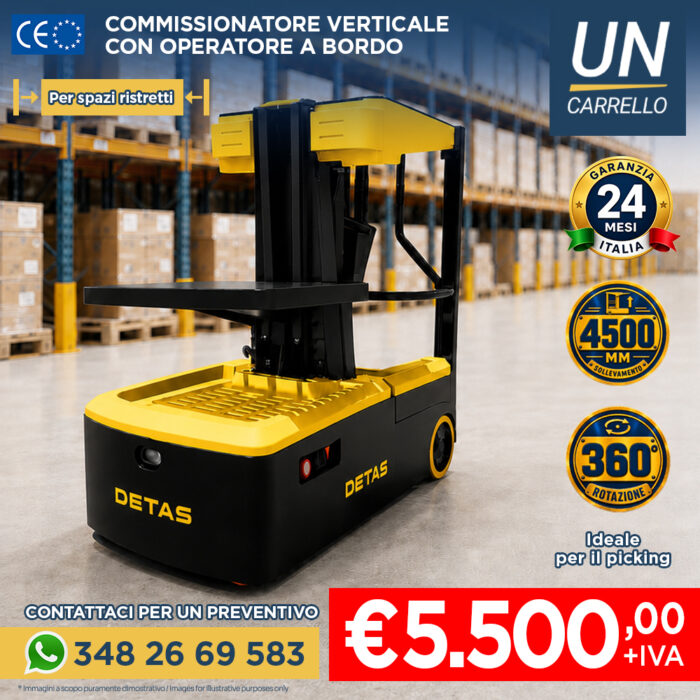 Autonomous yellow pallet stacker in a warehouse with DTAS branding; highlights include 24‑month guarantee, 4500 mm lift, 360° rotation, price €5,500 + VAT, contact for a quote.