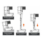 Infographic of a vertical forklift with labels: travel speed 5.5 km/h, lift speed 0.2 m/s, descent speed 0.21 m/s, and 5% gradient capability (three views).