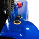 Close-up of a blue surface with a red circular knob and black metal rack on the left side.
