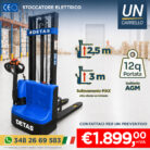 Blue DETAS electric pallet truck in a warehouse; highlights lifting 2.5 m, 3 m reach, 12q load, AGM battery, price €1,899 + VAT.