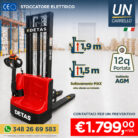 Red DETAS electric pallet truck in a warehouse with height specs 1.9 m and 1.5 m, 12q load capacity, AGM battery, price €1,799 + VAT, contact phone 348 26 69 583