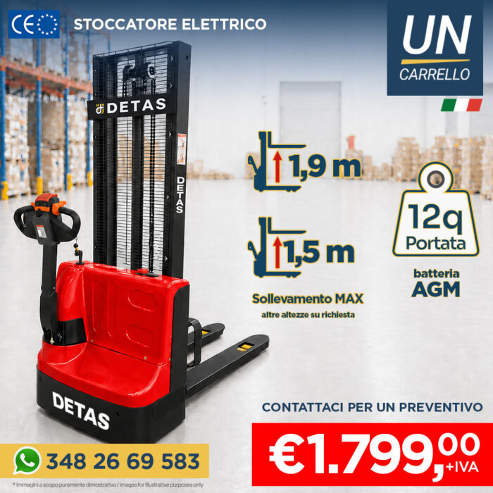 stoccatore-elettrico-detas-12q-red-cover Red DETAS electric pallet truck in a warehouse with height specs 1.9 m and 1.5 m, 12q load capacity, AGM battery, price €1,799 + VAT, contact phone 348 26 69 583