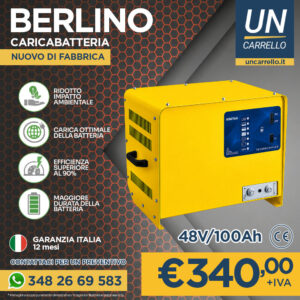 Advert for BERLINO battery charger: bright yellow industrial unit with features listed on the left and €340 price on a yellow banner, contact info at bottom.