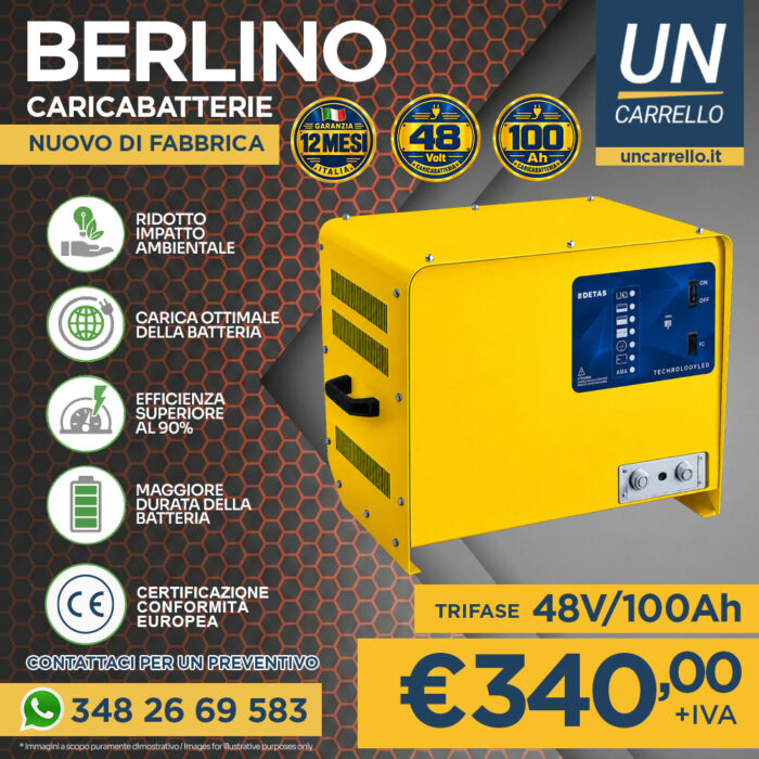 caricabatteria-berlino-48-100-detas-covern2 Pubblicità: caricabatterie giallo 48V/100Ah in primo piano, prezzo €340 + IVA, contatti inclusi.