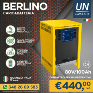 BERLINO yellow battery charging cabinet with UN Carrello branding; features and price €440 + IVA.