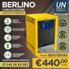 BERLINO battery charger ad: yellow cabinet, bold white text, price €440 + IVA and contact number at bottom.