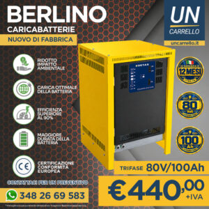 BERLINO battery charger ad: yellow cabinet, bold white text, price €440 + IVA and contact number at bottom.