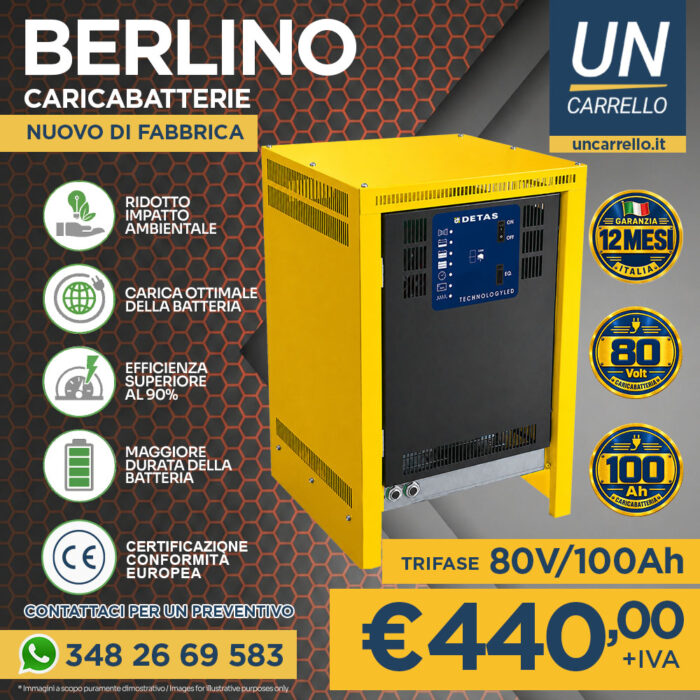 caricabatteria-berlino-80-100-detas-covern2 BERLINO battery charger ad: yellow cabinet, bold white text, price €440 + IVA and contact number at bottom.