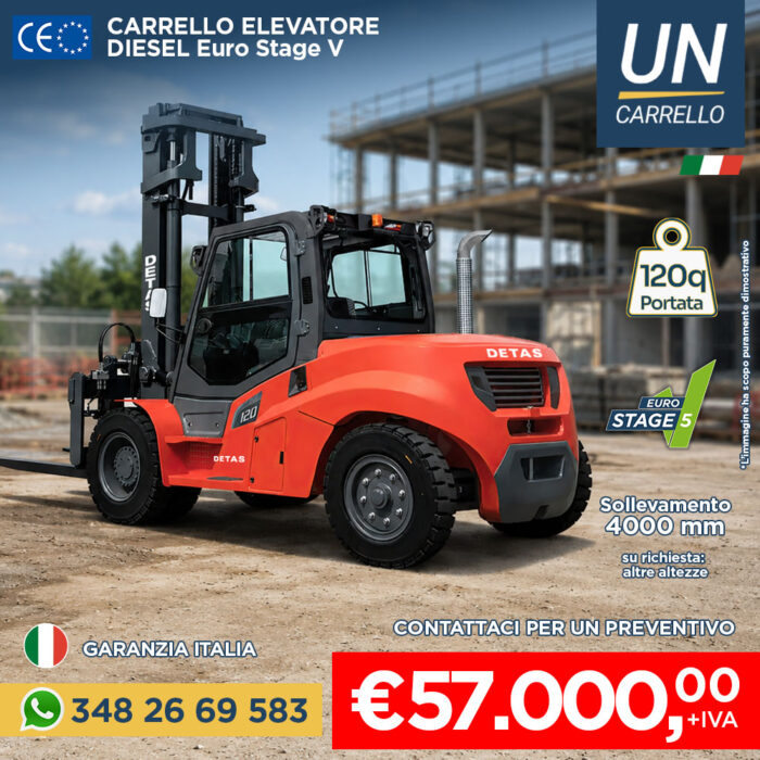 Orange diesel forklift on a construction site advertising €57,000 + IVA with contact phone; includes Carrello Elevatore and Garanzia Italia logos.