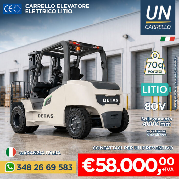 Promotional ad featuring a white DETAS forklift in a warehouse, with contact and price details (€58,000) and logos on the right.