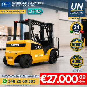 carrello-elevatore-litio-detas-50q-nb-covern | UNCARRELLO® Yellow DETAS forklift in a warehouse; promotional banner shows price €27,000 (+IVA) and a WhatsApp contact at bottom left.