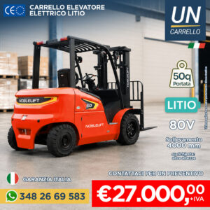 Orange Noblelift forklift in a warehouse with price €27,000 + IVA and specs 80V, 4000 mm lift height, UN Carrello branding in top right.