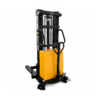 Electric pallet stacker with a yellow battery pack used to lift and move pallets in warehouses?