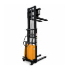 Electric pallet stacker with yellow battery pack and two forks raised for lifting pallets