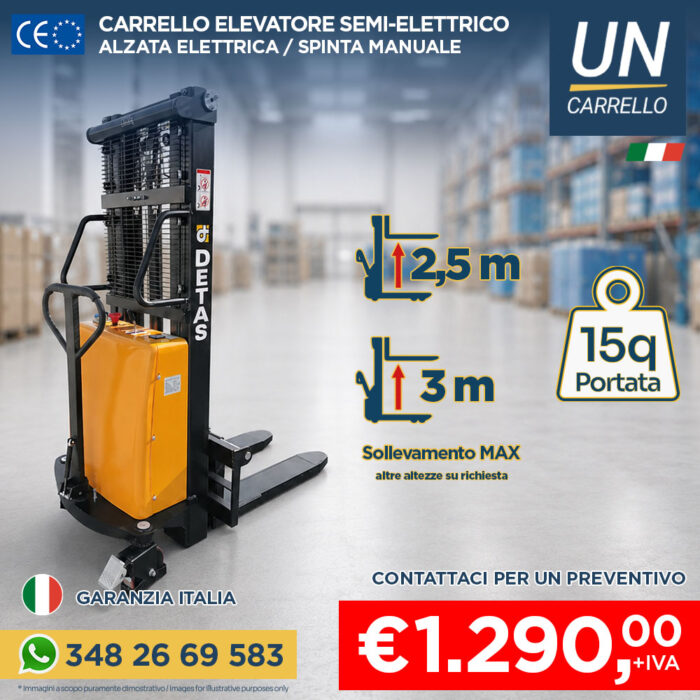 carrello-elevatore-semi-elettrico-15q-detas-cover Semi-electric pallet stacker in a warehouse, price shown (€1.290 + IVA) in a bold red banner.
