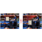 Side-by-side photos of a man on a lift with a cardboard box, illustrating a 400 mm adjustable height interval (Intervallo di regolazione) between positions.