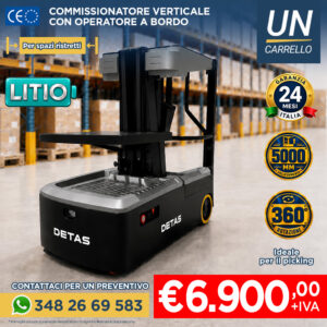 Promotional image of a DETAS robotic pallet truck in a warehouse, with price €6,900 + IVA and a contact phone number.
