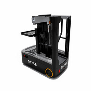 Automated pallet mover (robotic forklift) labeled DETAS with a black frame and yellow wheel