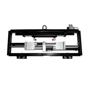 Industrial linear actuator assembly mounted in a black frame, featuring silver actuator blocks and hydraulic/pneumatic fittings.