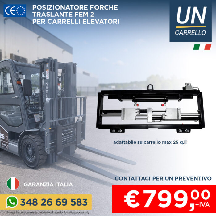 Advertisement for UN Carrello forklift attachment; black hydraulic frame, forklift in background; €799 + IVA
