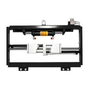 Frame-mounted industrial hydraulic actuator with dual parallel pistons and control valve on top, used for linear motion in machinery.