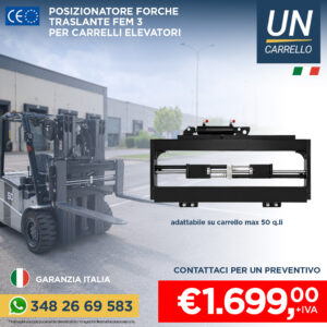 Forklift with a black hydraulic pallet fork attachment and UN Carrello branding; price shown as €1,699 + IVA.