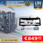 Advertisement banner featuring a forklift with a pallet lifter attachment; price €849 + IVA, contact 348 26 69 583.