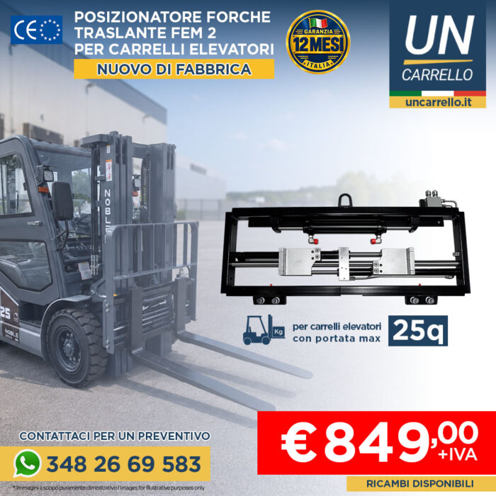 posizionatore-uncarrello-25q-cover Advertisement banner featuring a forklift with a pallet lifter attachment; price €849 + IVA, contact 348 26 69 583.