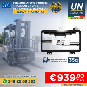 posizionatore-uncarrello-35q-cover | UNCARRELLO® Advertisement for forklift attachment (Nuovo di fabbrica); price €939 + IVA; contact 348 26 69 583.