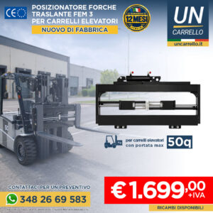 Italian ad banner: forklift in a yard with a large black hydraulic frame attachment in the foreground, plus bold “Nuovo di fabbrica” and price €1.699 + IVA, contact phone 348 26 69 583, UN Carrello branding.