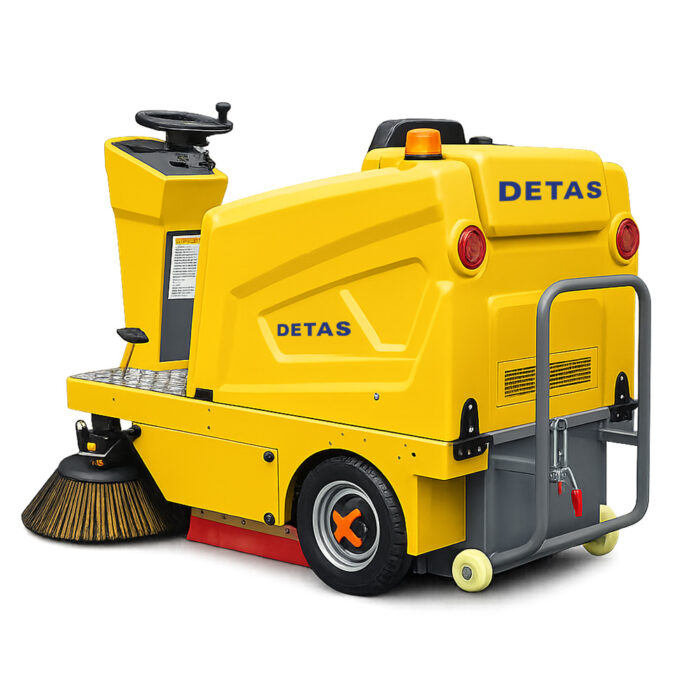spazzatrice-industriale-detas-8500-01 Yellow industrial street sweeper with a large front brush and compact body, labeled DETAS on the side and rear.